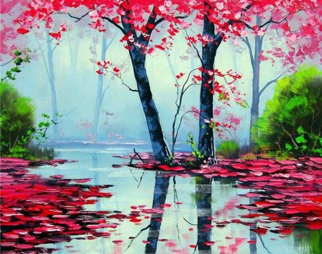 Cherry Blossom Island Landscape Paint By Numbers