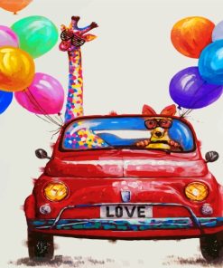 Giraffe and Dog in Red Car Paint By Numbers