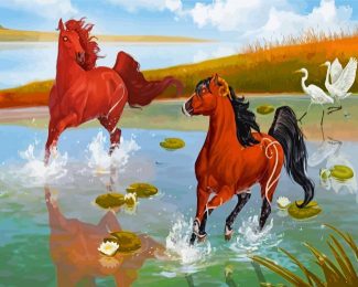 Majestic Horses in Blue Pond Paint By Numbers