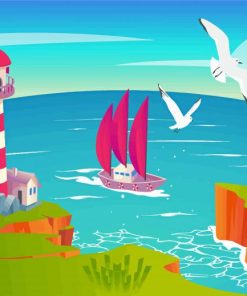 Seascape Ship and Lighthouse Paint By Numbers