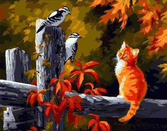 Kitten and Birds Delight Paint By Numbers