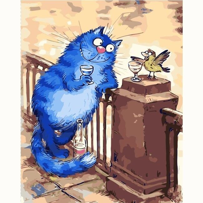 Blue Cat and Bird Paint By Numbers