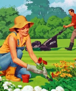 Man Mowing Grass Garden Scene Paint By Numbers