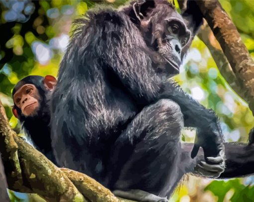 Mom-and-baby-chimpanzee-on-tree-paint-by-numbers
