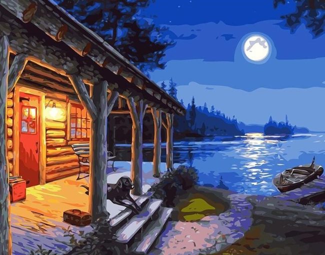 Moonlit Log Cabin by the Lake Paint By Numbers