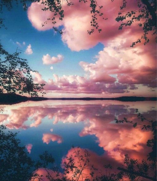 Nuages-roses-dans-l-eau-du-lac-Art-peint-la-main-cr-atif-num-rique-peinture