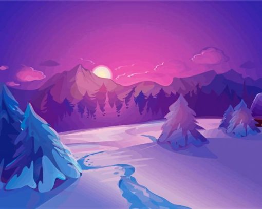 Purple-scene-snowy-landscape-paint-by-numbers