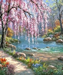 Cherry Blossom River View Paint By Numbers