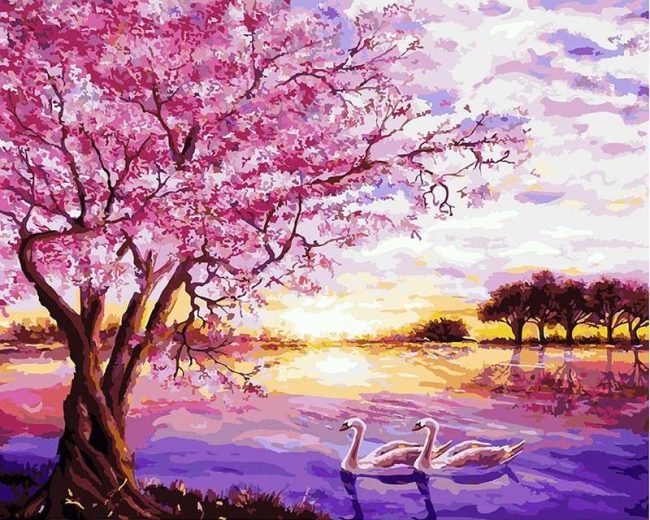 Romantic Cherry Tree Landscape Paint By Numbers