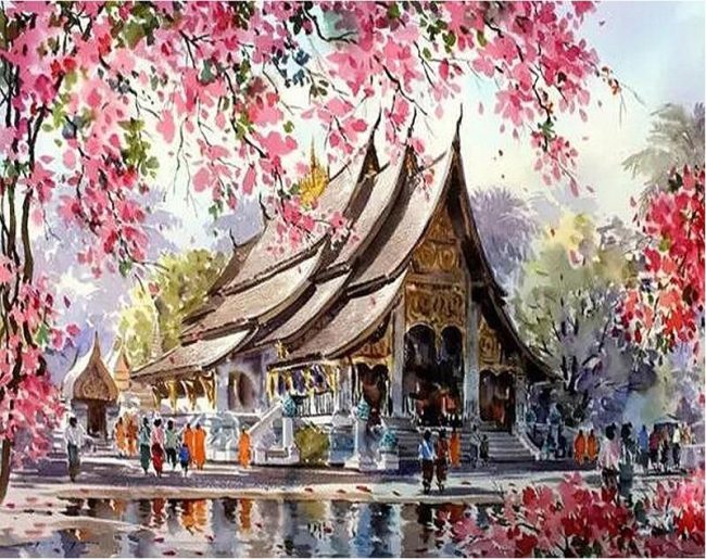 Cherry Blossom Temple Landscape Paint By Numbers