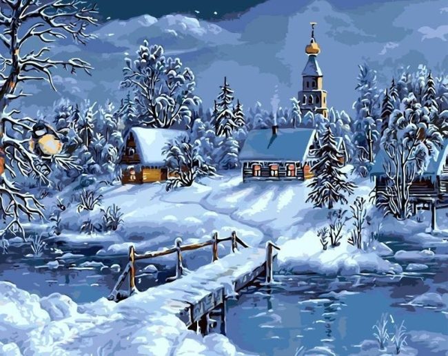 Winter Village Snow Scene Paint By Numbers