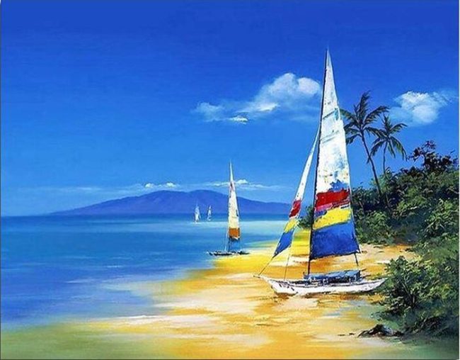 Sailboat Seascape on Coast Paint By Numbers