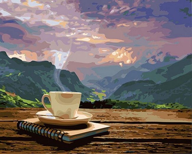 Coffee with Scenic Mountains Paint By Numbers