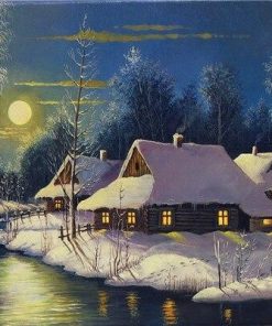 Cabin by Lake in Snowy Night Paint By Numbers