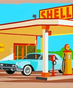 Blue Car Gas Station Paint By Numbers