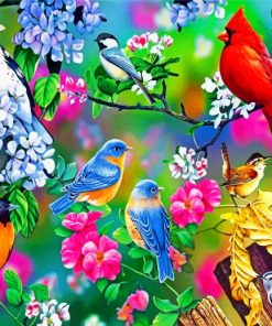 Spring Bluebirds and Cardinals Paint By Numbers