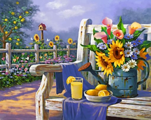 Sunflowers-And-Lemon-On-Bench-paint-by-numbers