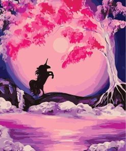 Unicorn and Tree Pink Night Paint By Numbers