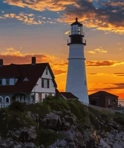 Aesthetic Sunset at Portland Head Light Paint By Numbers