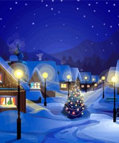 Aesthetic Snowy Village Landscape Paint By Numbers