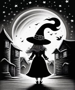 Halloween Witch in Black and White Paint By Numbers