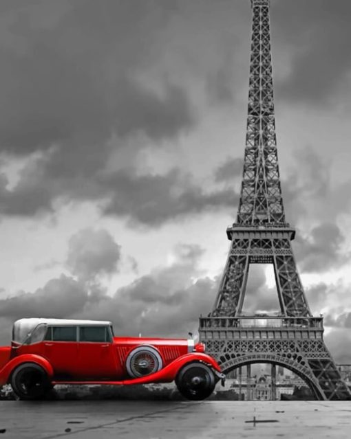 black-and-white-eiffel-tower-and-red-vintage-car-paint-by-numbers