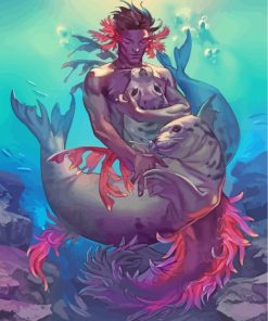 Black Merman and Playful Seals Paint By Numbers