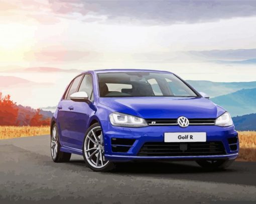 blue-golf-R-VW-car-sunset-paint-by-numbers