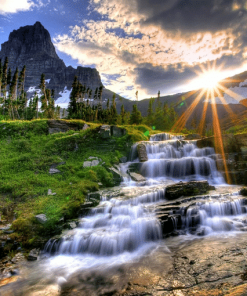 Mountain Waterfall Sunrise Scene Paint By Numbers
