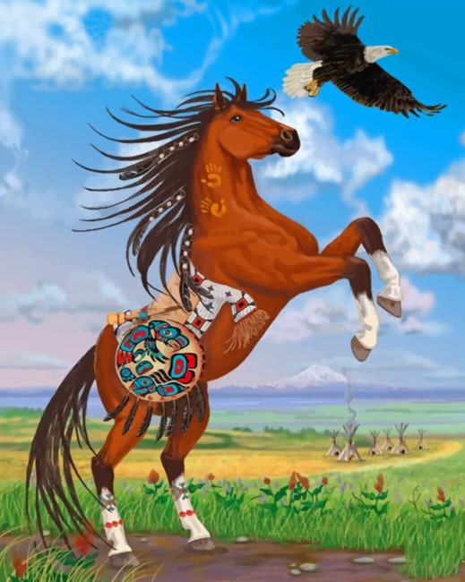 Completed Brown Horse and Eagle Animals Paint By Numbers painting