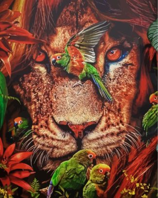 Lion and Colorful Parrots Paint By Numbers