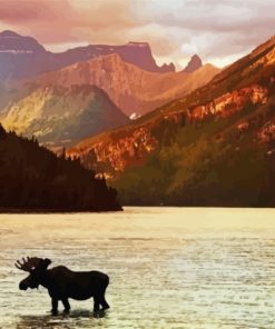 Moose In Lake Sunset Paint By Numbers