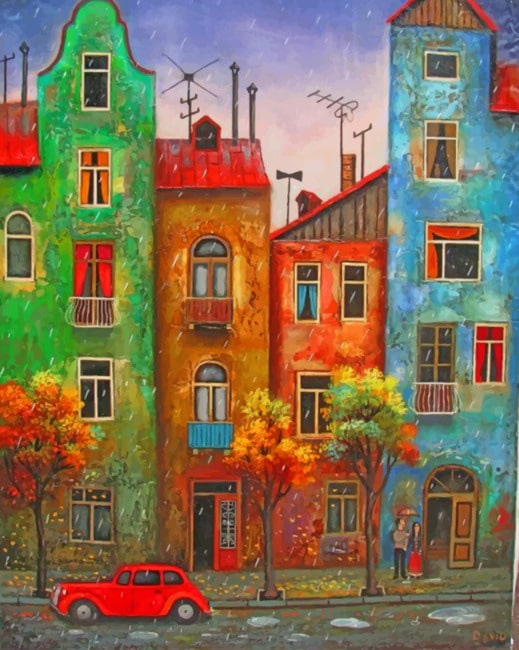 Finalized Colorful Rainy Day Buildings Paint By Numbers Artwork
