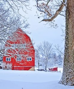 Winter Red Barn Paint By Numbers