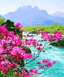 Pink Flower River Landscapes Paint By Numbers