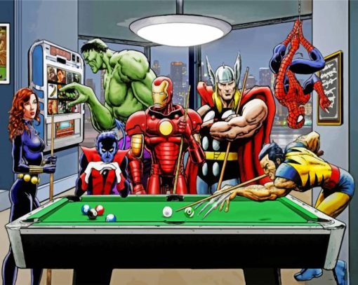 superheroes-playing-pool-paint-by-number