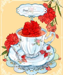 Red Flowers and Tea Cups Paint By Numbers